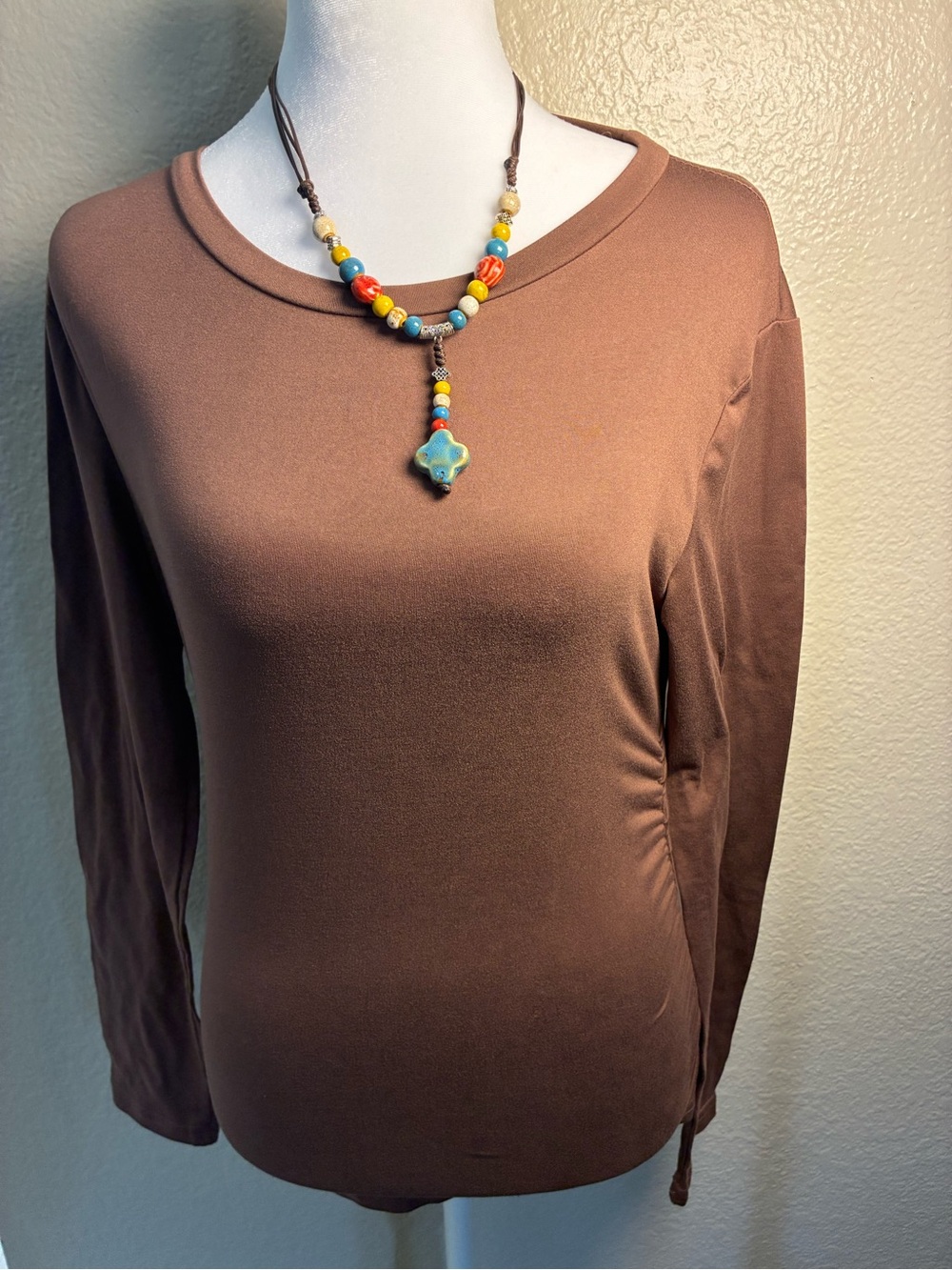 Unbranded Chocolate Brown Long Sleeve Crewneck Slim Fit Top Size Medium